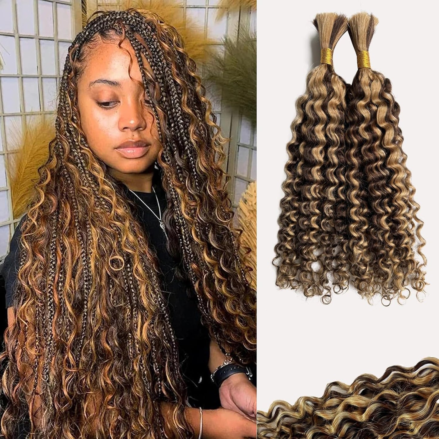 Braiding Human Hair Water Wave - 2 Bundles 100g Ombre Curly Extensions | 14 Inch Black/Brown Highlights