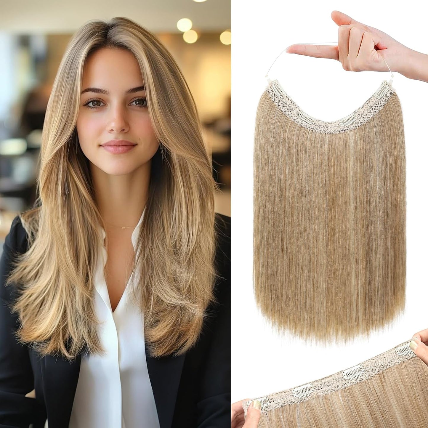 REECHO Invisible Wire Hair Extensions - Thinner Lace Weft, 12-Inch Short Straight Clips | Light Blonde
