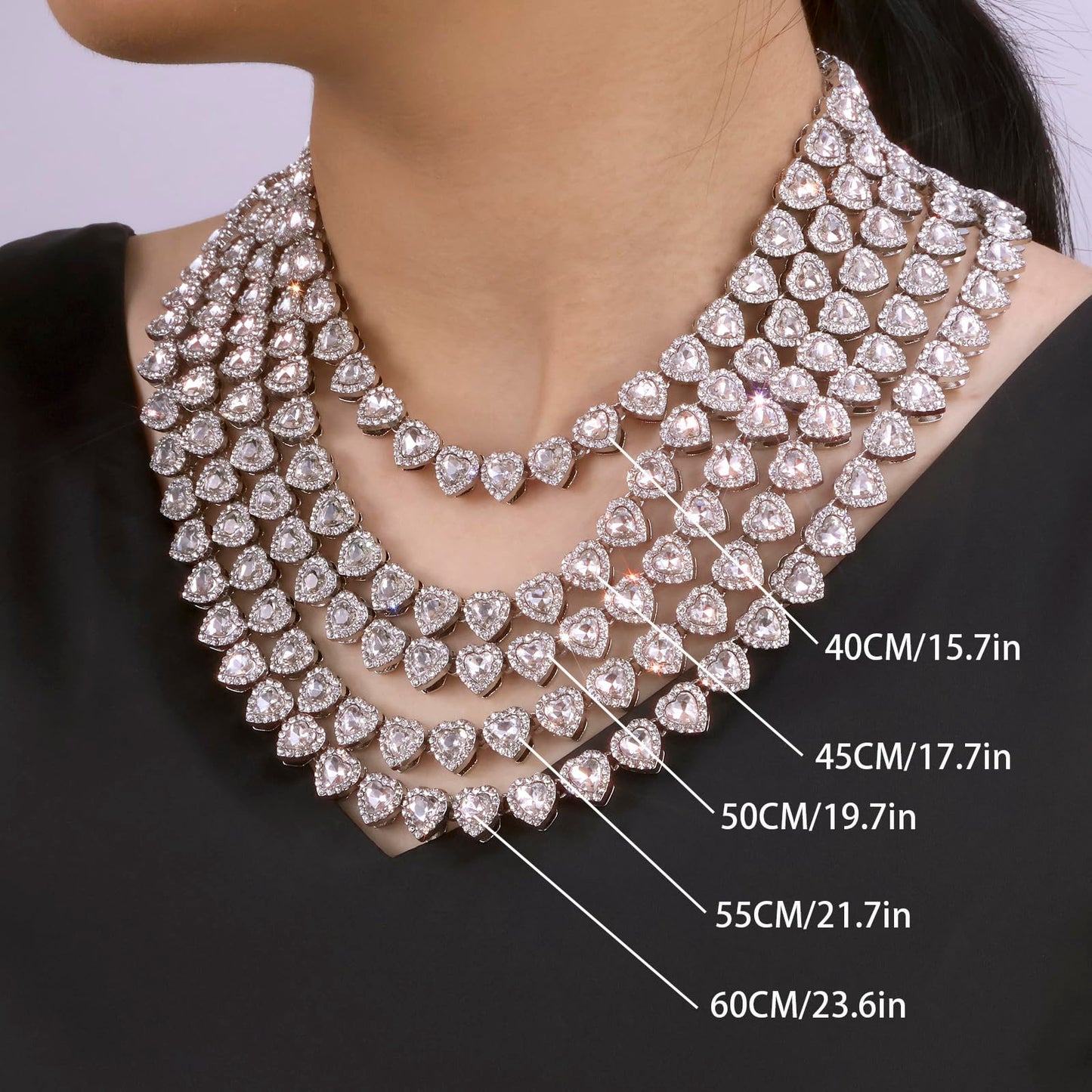 fasone Rhinestone hearts necklace, Iced Out Hearts Jewelry，Silver tennis necklace for women，Hearts tennis necklaces