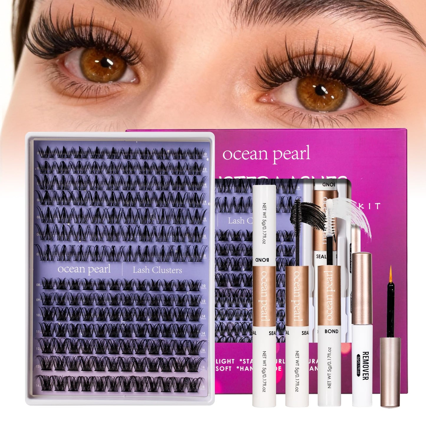 Ocean Pearl Lash Clusters Kit 154pcs,10-18mm manga/anime-inspired lashes clusters,spike-effect cluster lashes,Eyelashes,DIY Cluster Eyelash Extensions kit with lash bond+seal+remover+tweezers-M31+M34