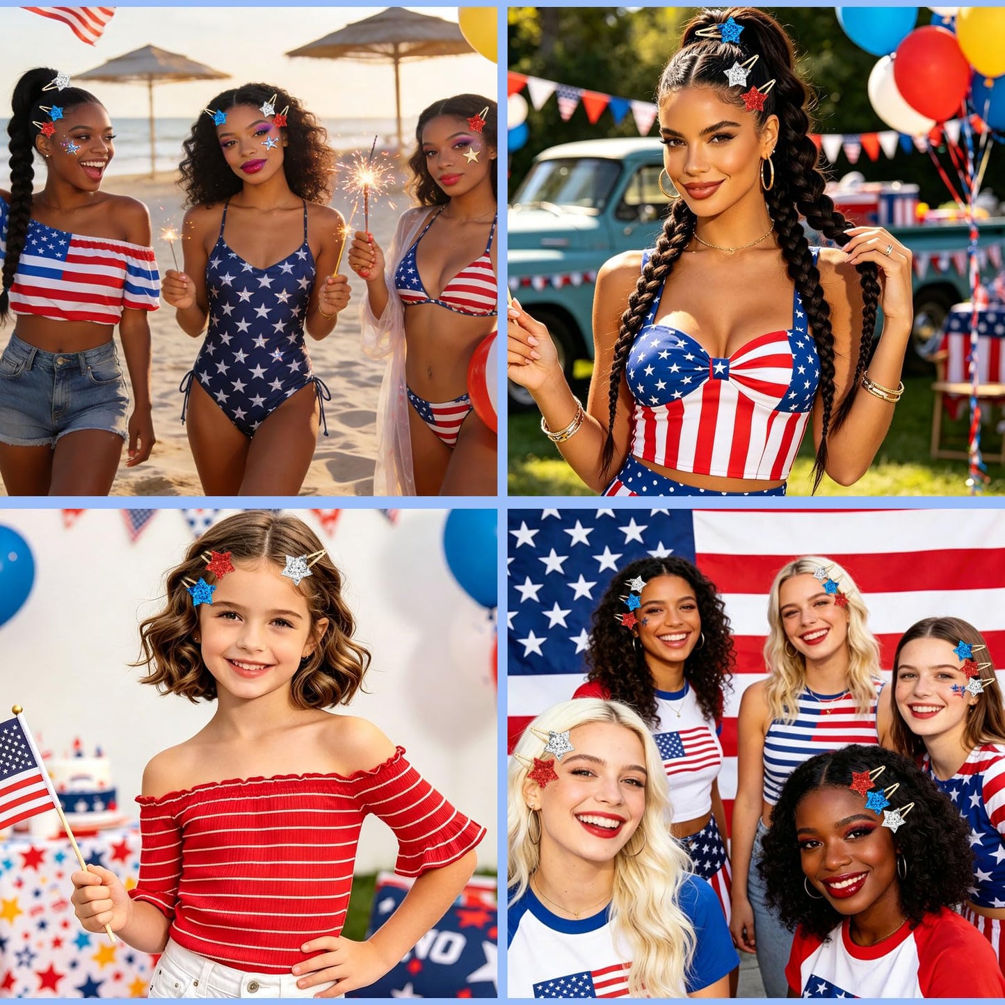 YISSION 9 Pack 4th of July Glitter Star Hair Clips, Red White Blue Patriotic Snap Barrettes, Sparkle Star Hair Accessories for Women Girls, Independence Day Memorial Day Party Hair Grips