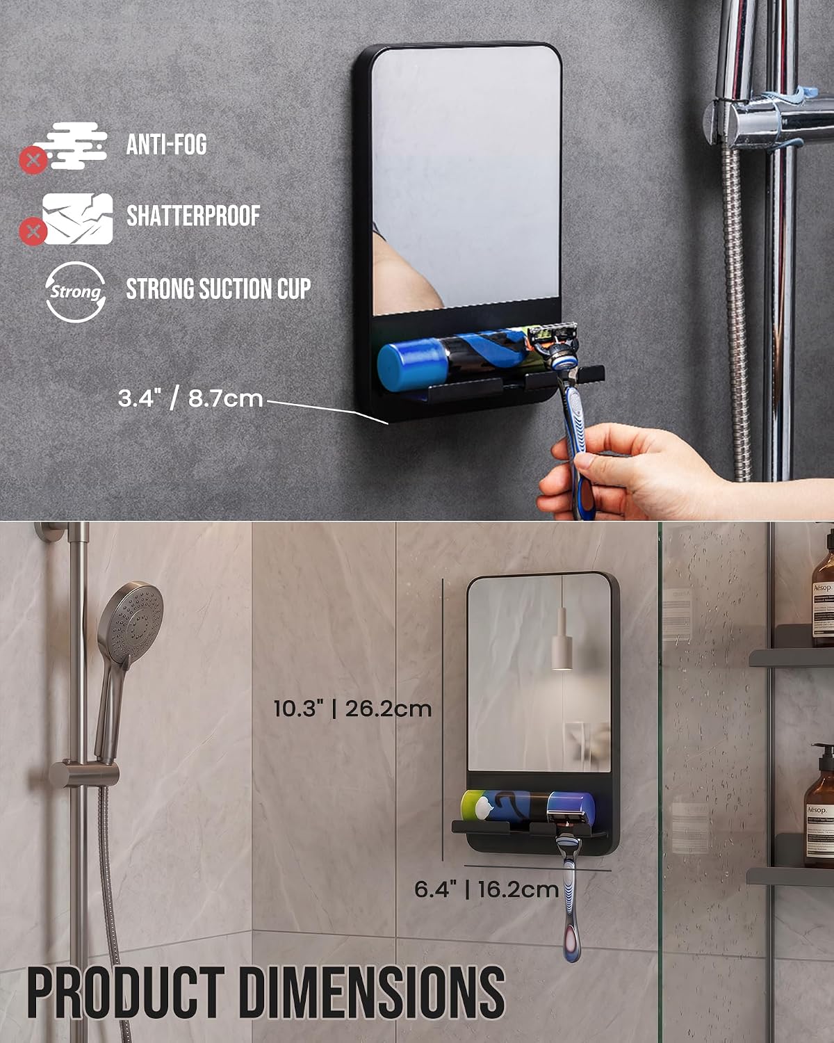 Fogless Shower Mirror for Shaving - Suction Cup, Removable & Shatterproof | Anti-Fog Bathroom Accessory, Black