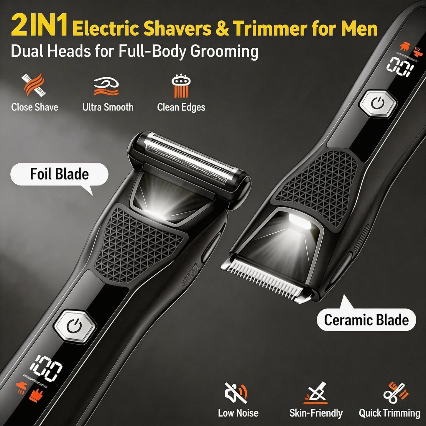 Body Hair Trimmer for Men - 2-in-1 Electric Groomer with Dual-Head Ceramic Blade | IPX7 Waterproof, LED Light