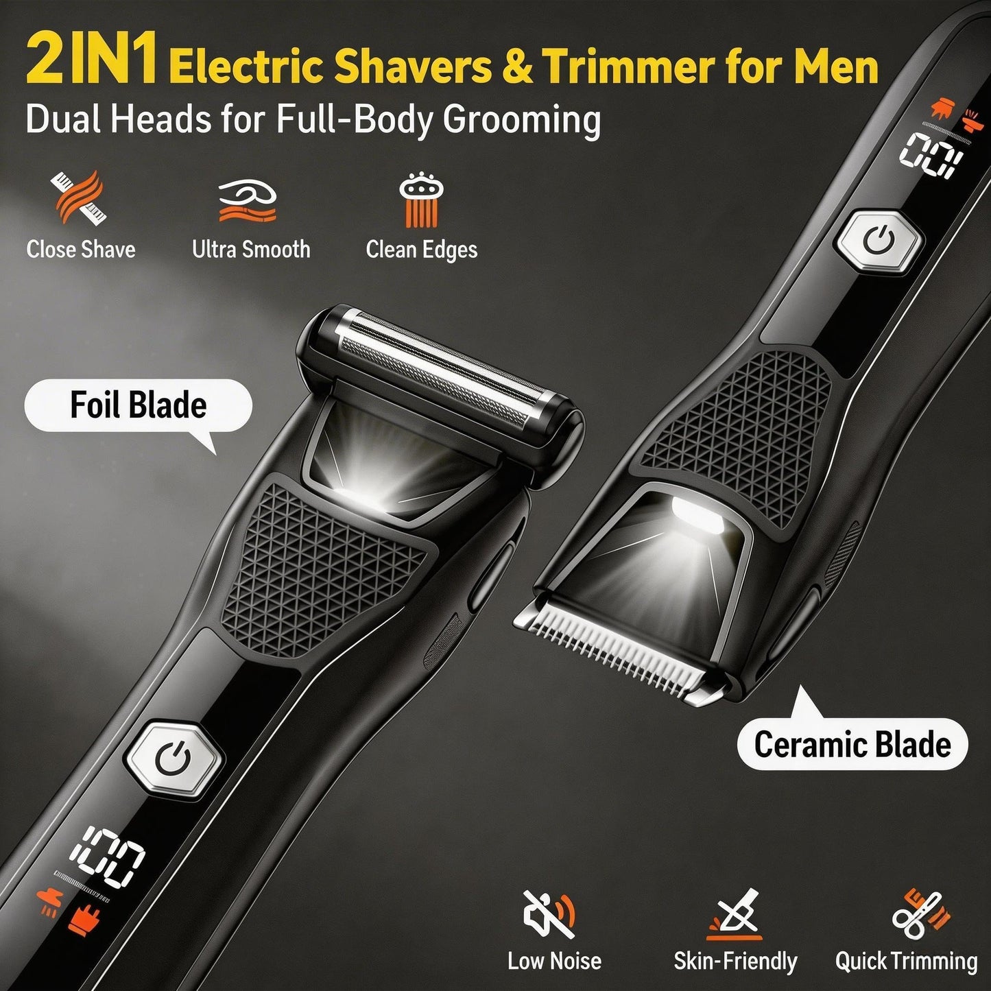 Body Hair Trimmer for Men, 2-in-1 Pubic Hair Ball Trimmer Hair Groomer Hair Shaver with Dual-Head, Ceramic Blade Electric Razor Body Shavers,No-Nick Shaving,IPX7 Waterproof & LED Light