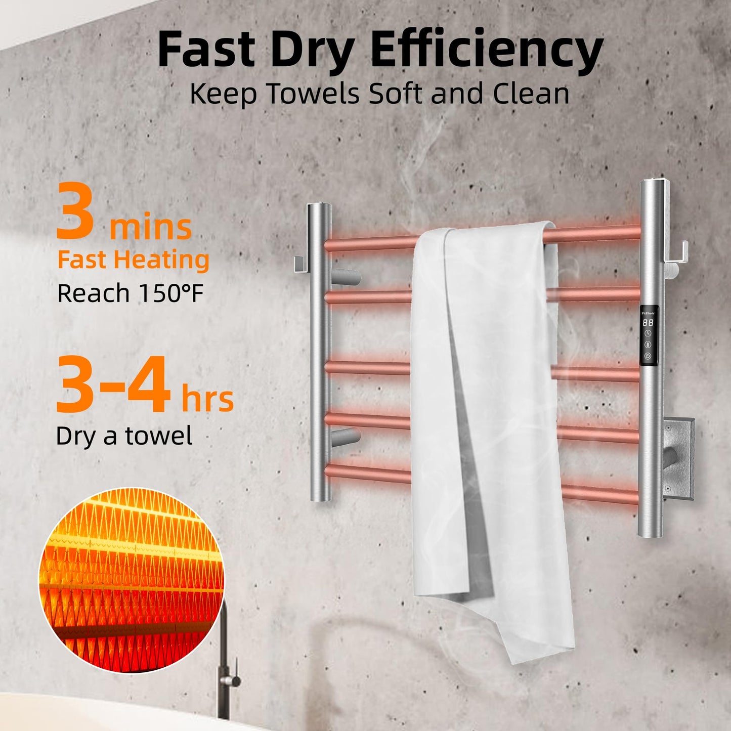 P&Dlusir EL13 Heated Towel Rack, Brushed, 5 Bar