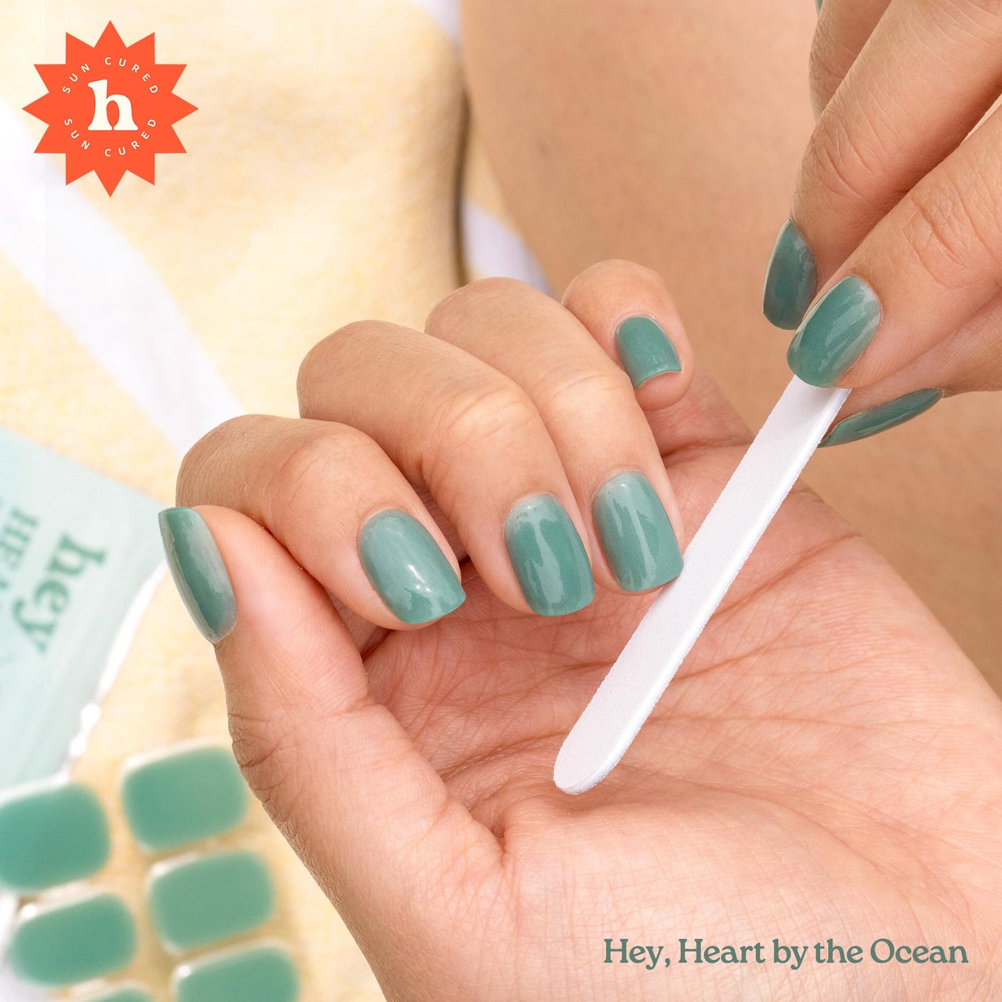 Heyhae Semi Cured Gel Nail Strips | No LED Lamp Needed | Teal, Jelly | Easy Apply & Remove, Salon Quality | Includes 28 Strips, 2 Prep Pads, Nail File & Wooden Stick - Hey, Heart by the Ocean