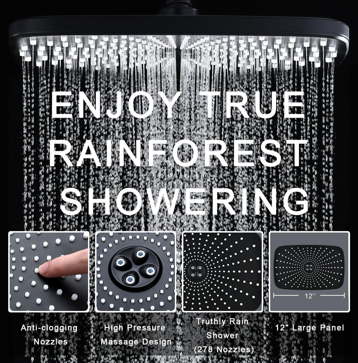 Rain Shower Head with Handheld - High Pressure 12" Rainfall & 9 Spray Options | Magnetic Docking, Black