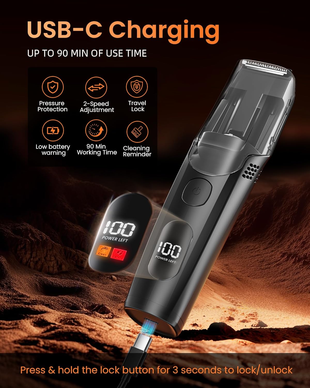 Rechargeable Vacuum Beard Trimmer for Men - Cordless Electric Trimmer with Adjustable Length Comb (1-20mm) | Glossy Black