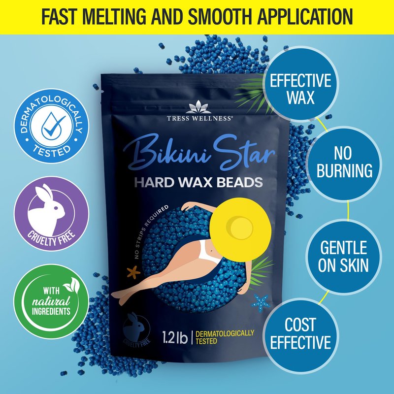 Tress Wellness Wax Beads - Award Winning - Safe for Skin - Dermatologically Tested - At-Home Kit for Bikini, Brazilian & Full Body - Bikini Star 1.2lb