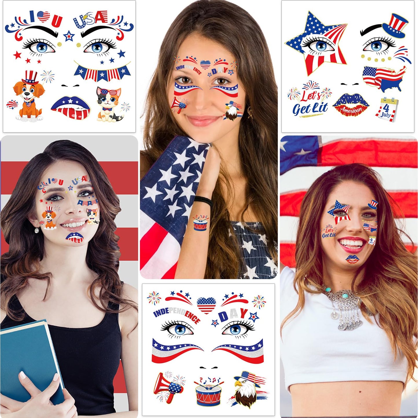 HOWAF 9 Sheets USA Glitter Face Tattoos, 4th of July Face Art Temporary Tattoo for USA Patriotic Parades Celebrations, Red White Blue Face Tattoos Stickers for Independence Day Supplies