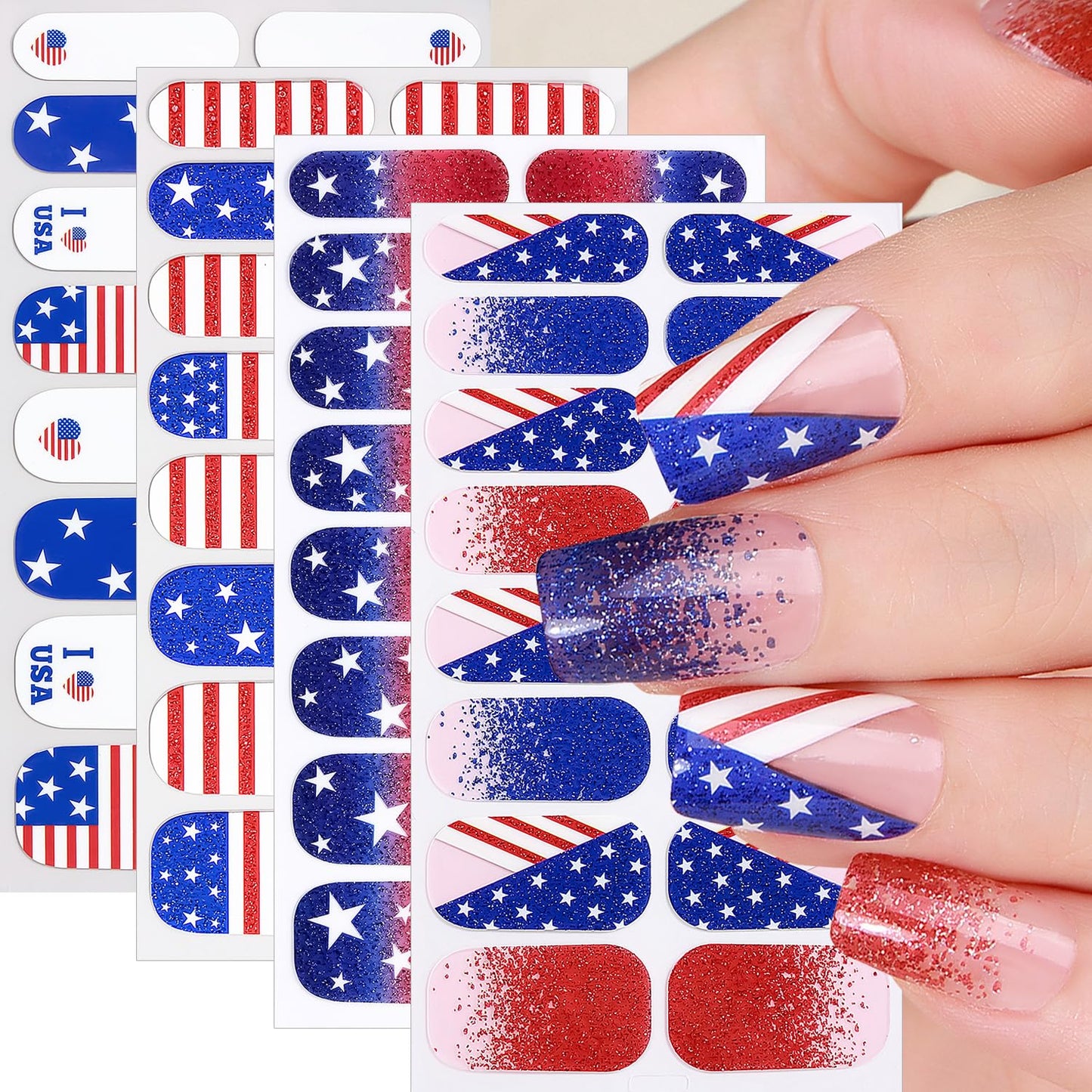 4 Sheets 4th of July Gel Nail Stickers American Flag Nail Wraps Stickers American Memorial Day Nail Polish Strips Star Full Wrap Nail Strips Independence Day Nails Supply for Women Manicure DIY Decor