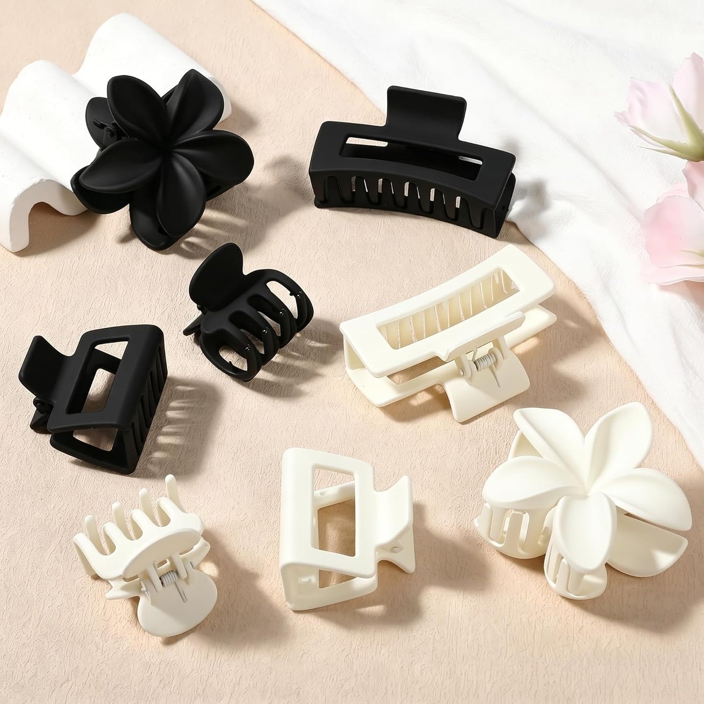 Matte Hair Clips for Women - Strong Hold Non-Slip Claw Clips | 8 Pcs in Neutral Colors (White & Black)