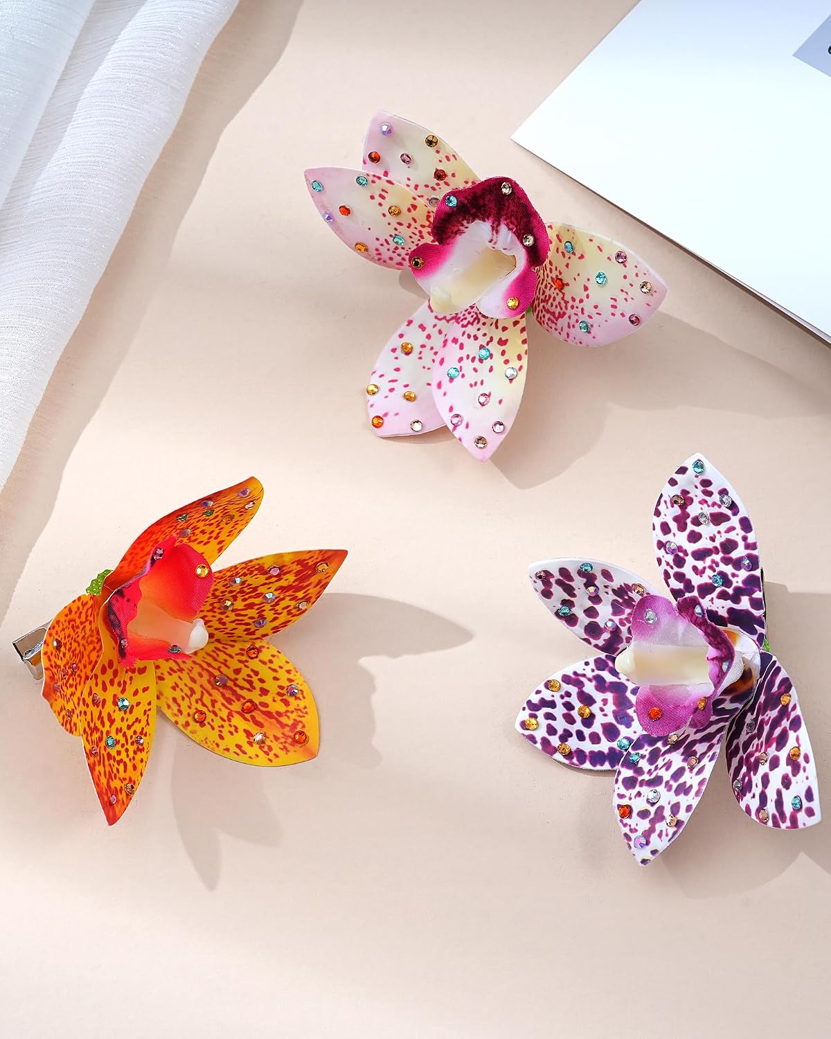Hawaiian Flower Hair Clips - 3 Pack Artificial Tropical Orchid Hair Pins | Rhinestone Accessories for Weddings & Beach Parties (Orange)