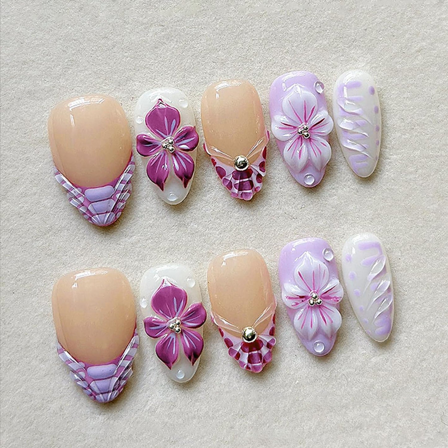 Press-On Nails - 30 Pcs Pink Flower French Tip Design | Short Almond 3D Floral Full Cover Acrylic Set