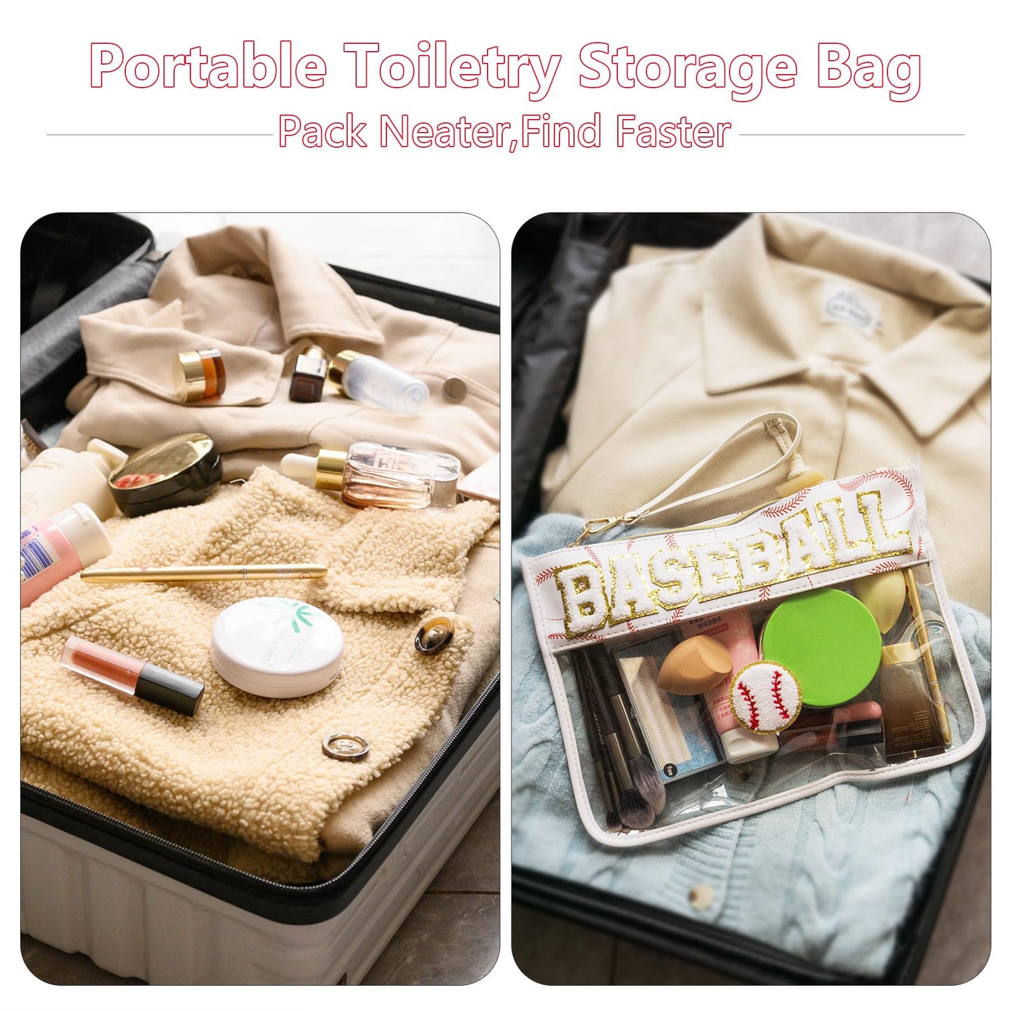 Bufilea Baseball Gift Clear Baseball Bag with Chenille Letter Patches, Waterproof PVC Toiletry Pouch with Wristlet, Large Portable Makeup Bag for Baseball Moms Essentials, Game Day & Travel Organizer