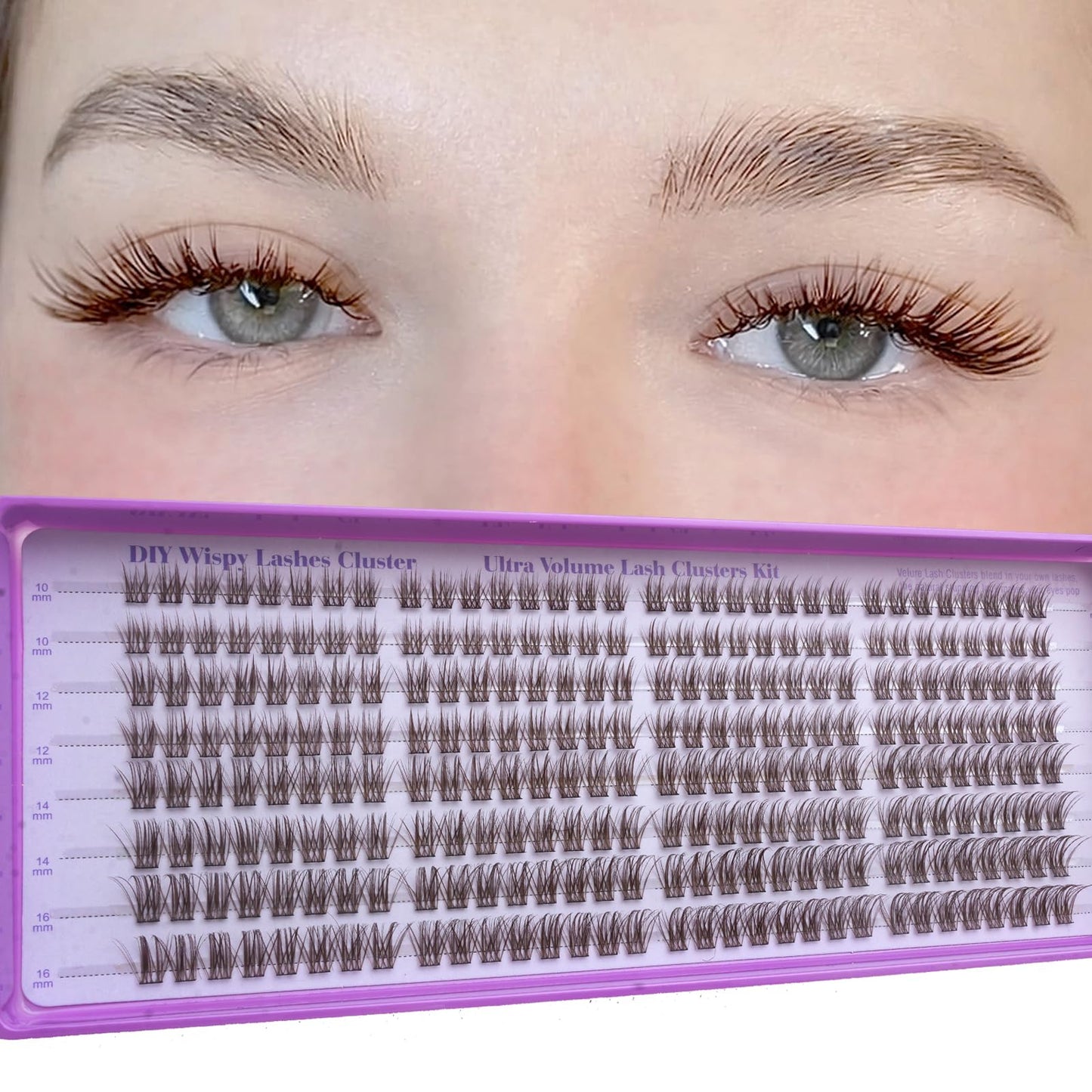Brown Lash Clusters, Natural Wispy Lash Cluster Eyelash Extensions 256 Pcs C Curl 10-16mm Individual Fluffy False Eyelashes Thin Band DIY for Beginners at Home