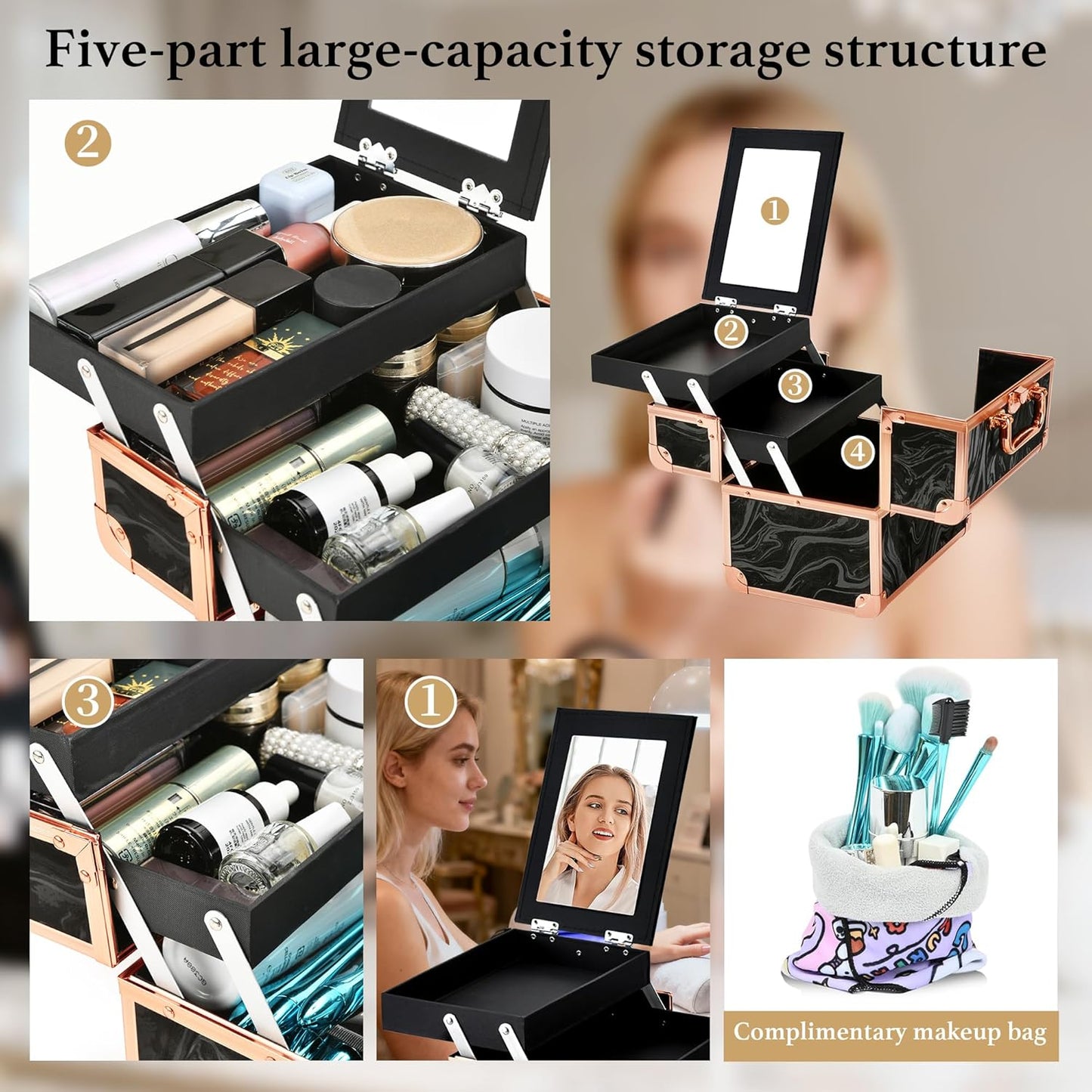 Portable Makeup Train Case - 2-Tray Cosmetic Organizer with Mirror | Travel Makeup Box in Rose Gold & Black