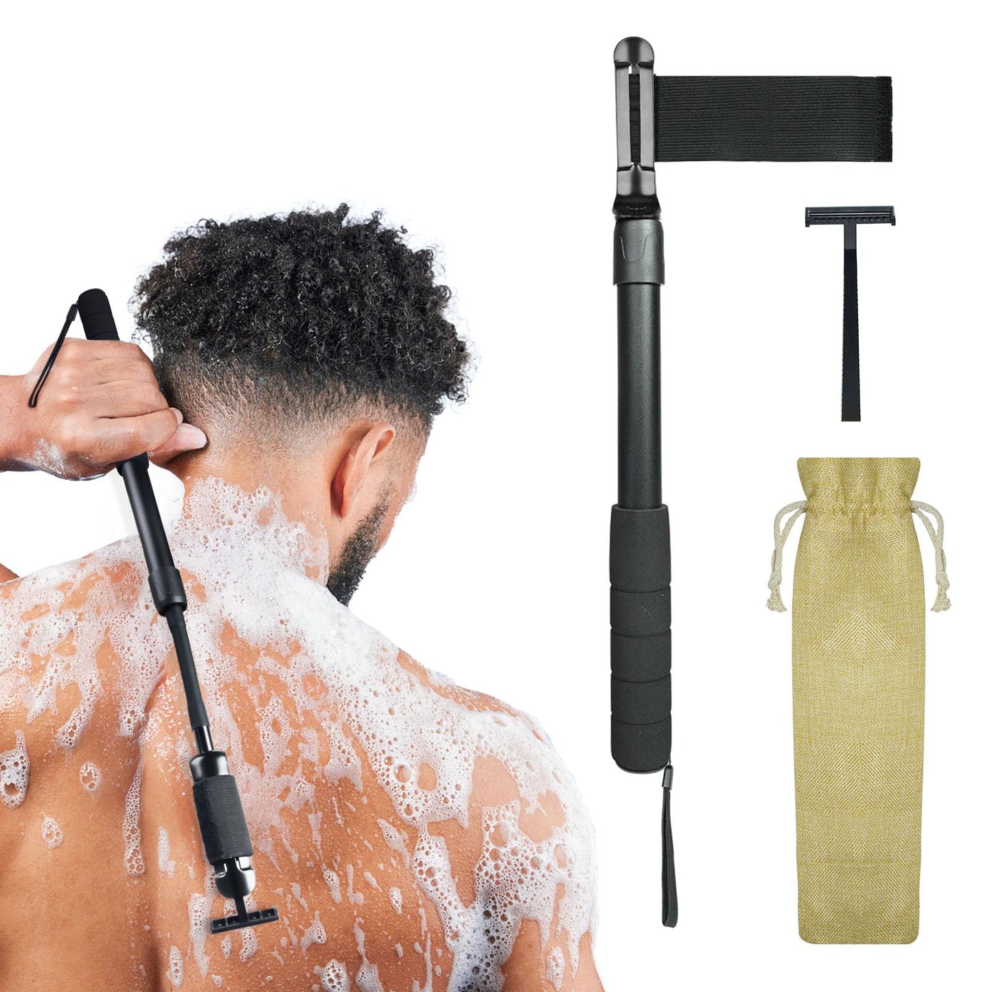ETbyto Safety Razor Extension Handle with Adjustable Length for Leg Razor,Back Shaver for Men,Multi-Function Extension Shaver Handle can be Fitted Lotion Applicator,Hair Brush for Wet or Dry - Silver