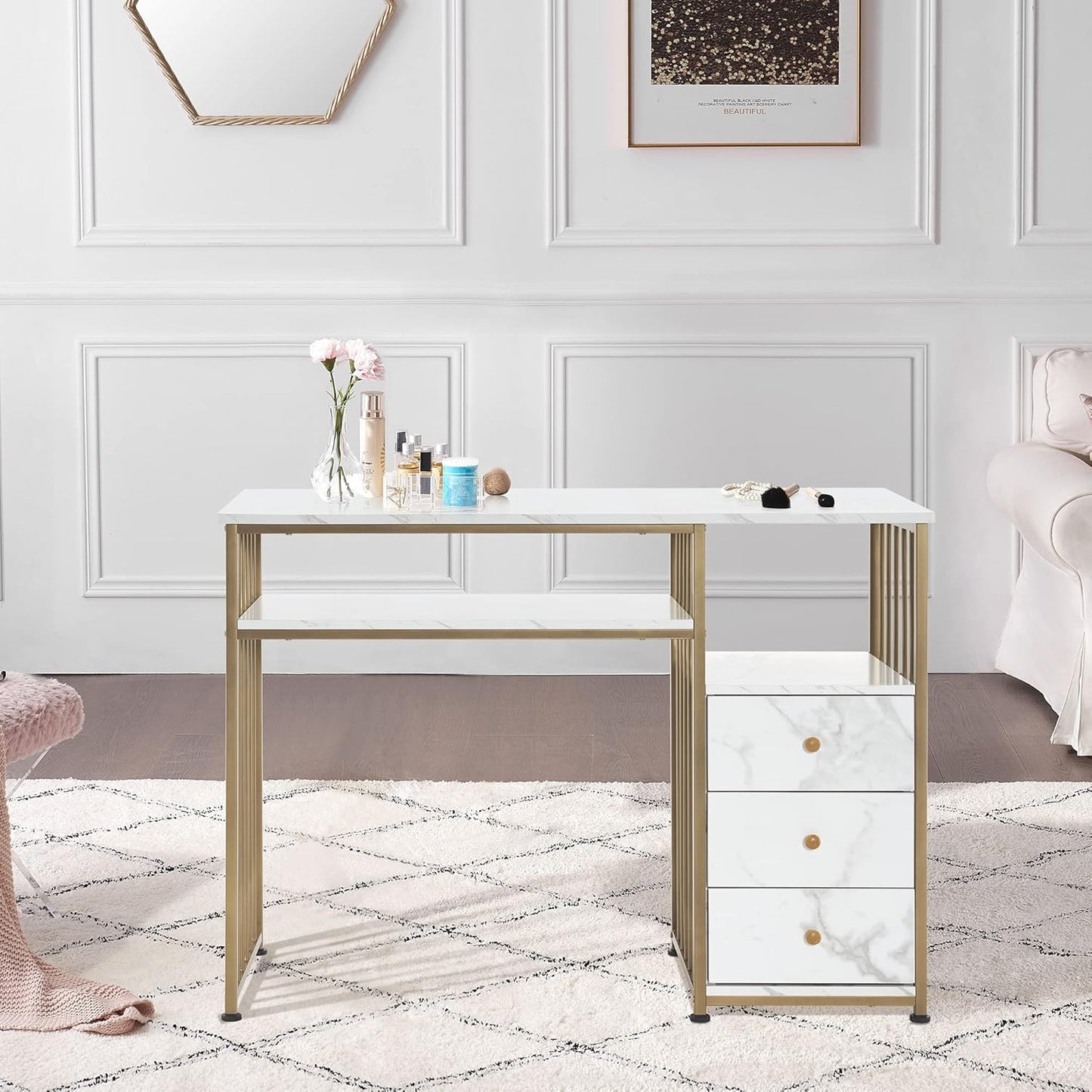 Manicure Table for Nail Tech - Golden Marbling Texture with Storage Drawers | Home Salon Spa Equipment