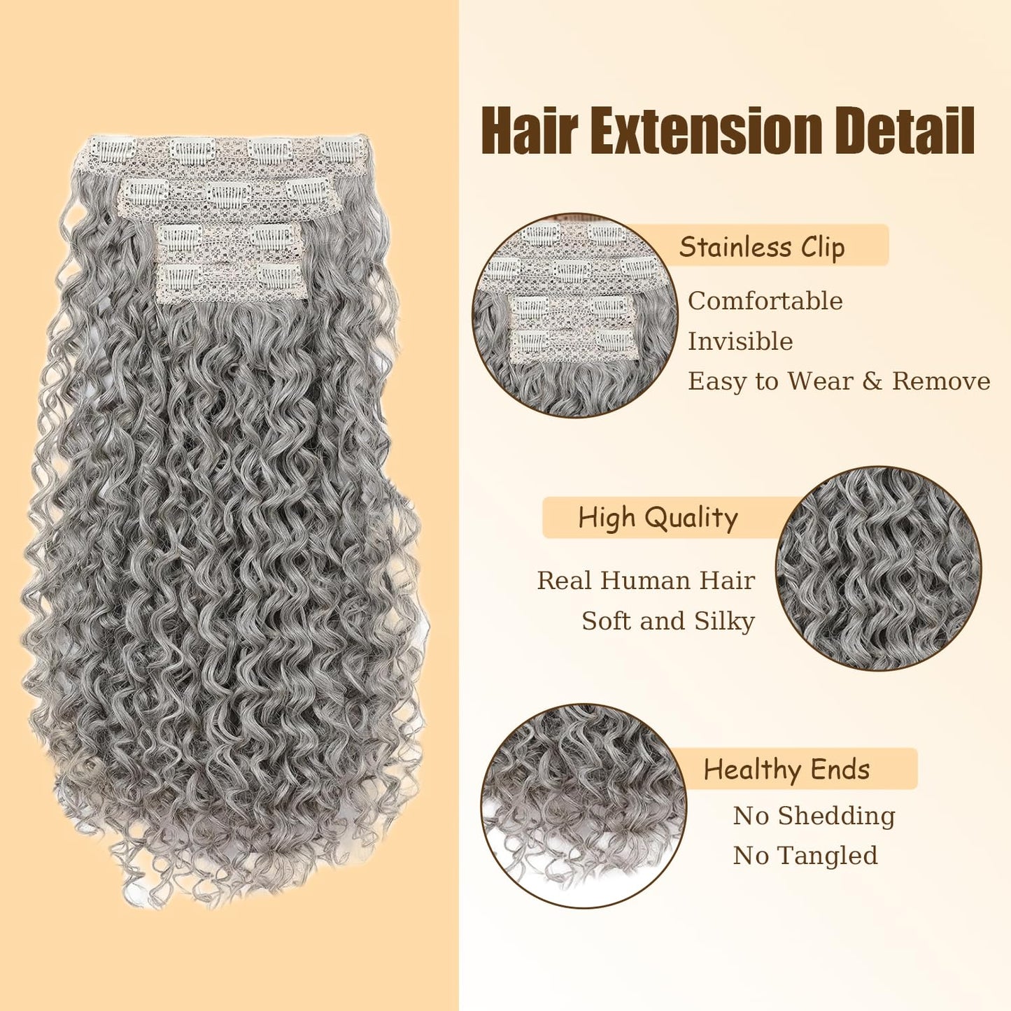 Grey Clip in Hair Extensions Real Human Hair,28 Inch 120g/7Pcs,Full Shine Sliver Remy Human Hair,Gray Deep Wave Clip ins Brazilian Virgin Human Hair Extensions
