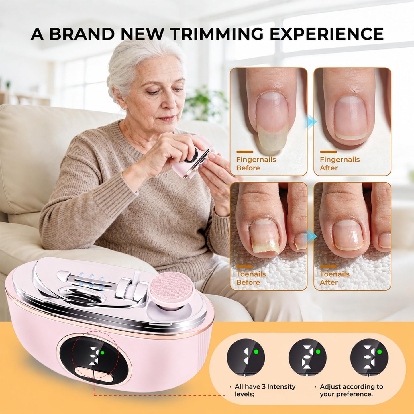 2026 3-in-1 Electric Nail Clippers for Seniors with Adjustable Dual-Slot, 3-Speed Trimming & Sanding Electric Toenail Clippers for Seniors, Adults & Kids, Debris Collection, Night Lighting, Pink 1PCS