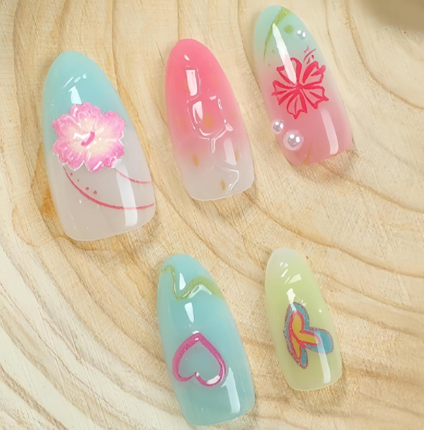 3D Handmade Press-On Nails - Summer Starfish & Flower Design | Medium Almond Full Cover Set