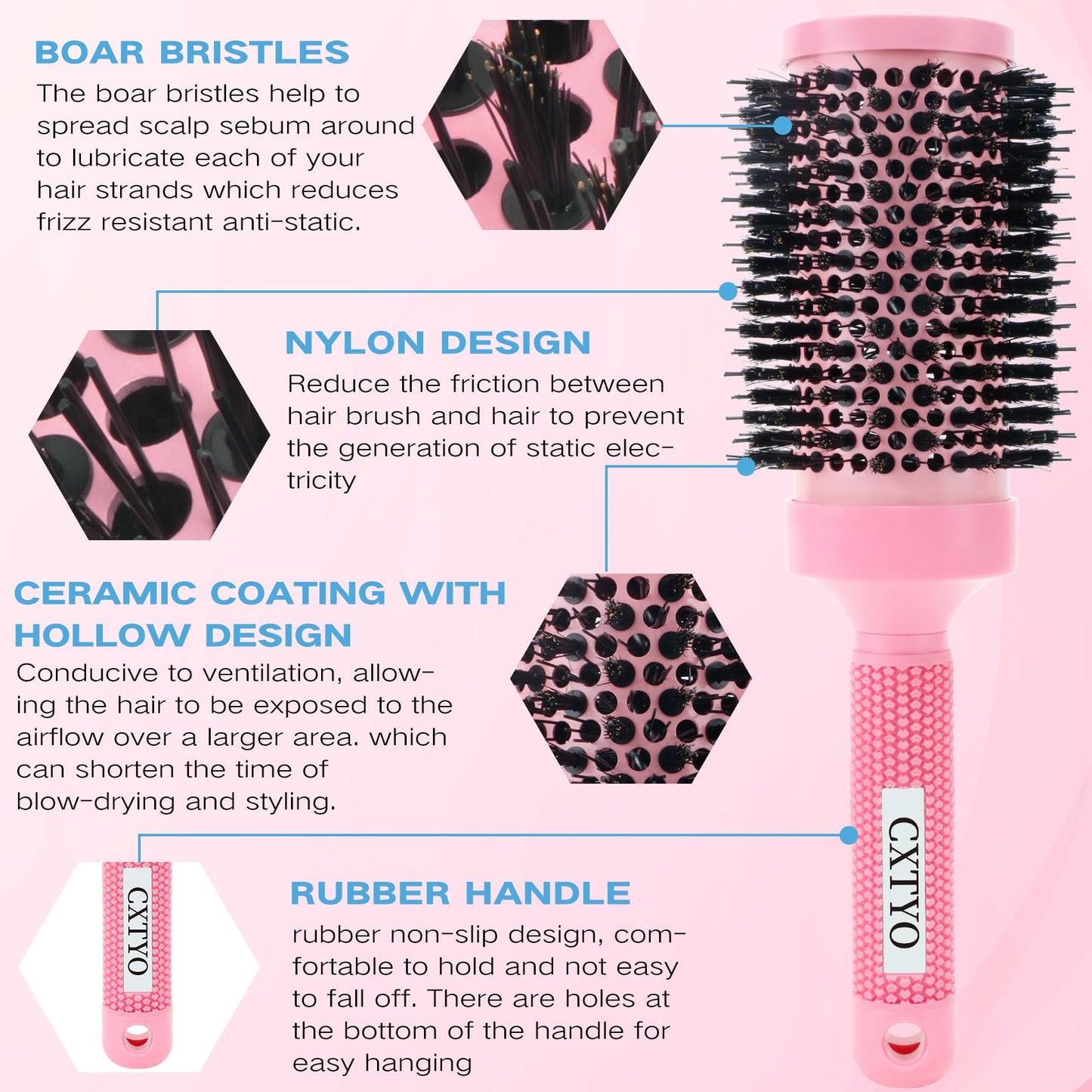 CXTYO Round Brush for Blow Out, Large Round Hair Brush Nano Thermal Ceramic & Ionic Tech, Best for Long Thick Hair(3.3 Inch, Barrel 2.1 Inch)