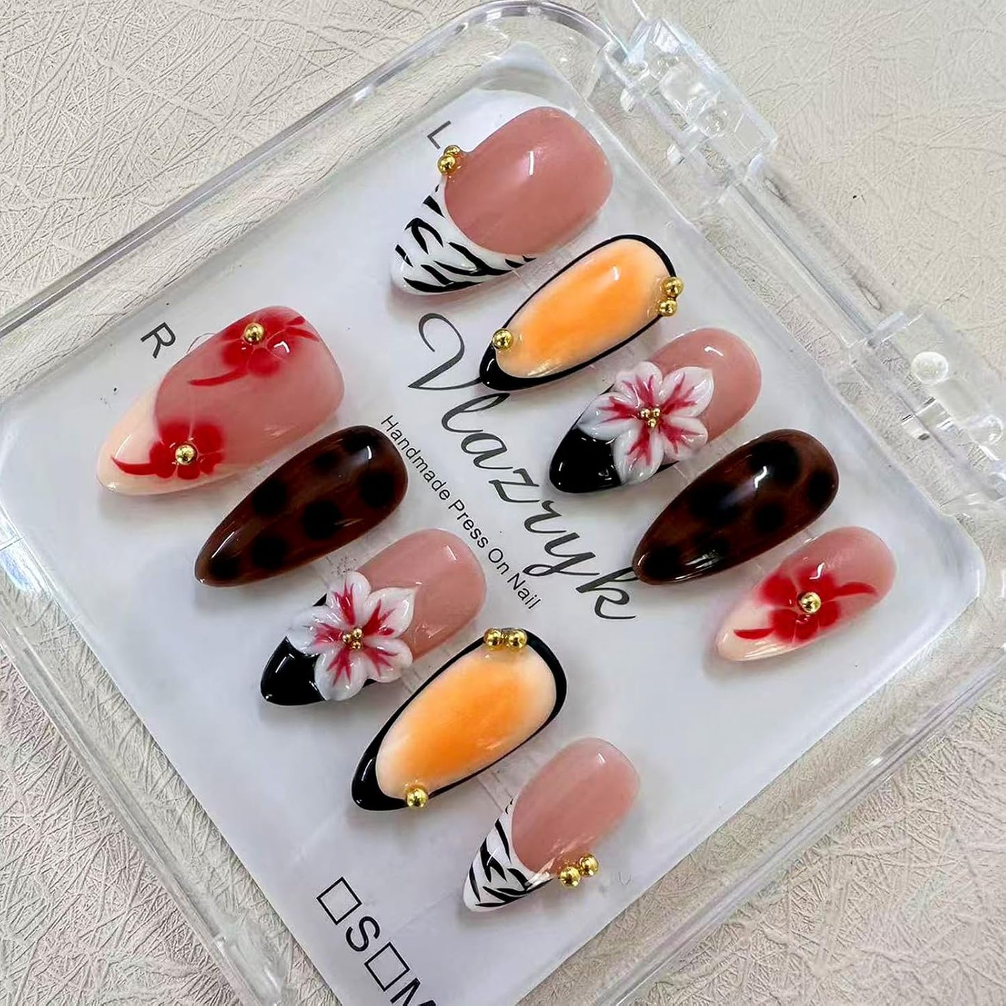 Brown French Tip Press On Nails - 3D Metallic Rhinestones | Medium Almond Reusable Acrylic False Nails (10 PCS)