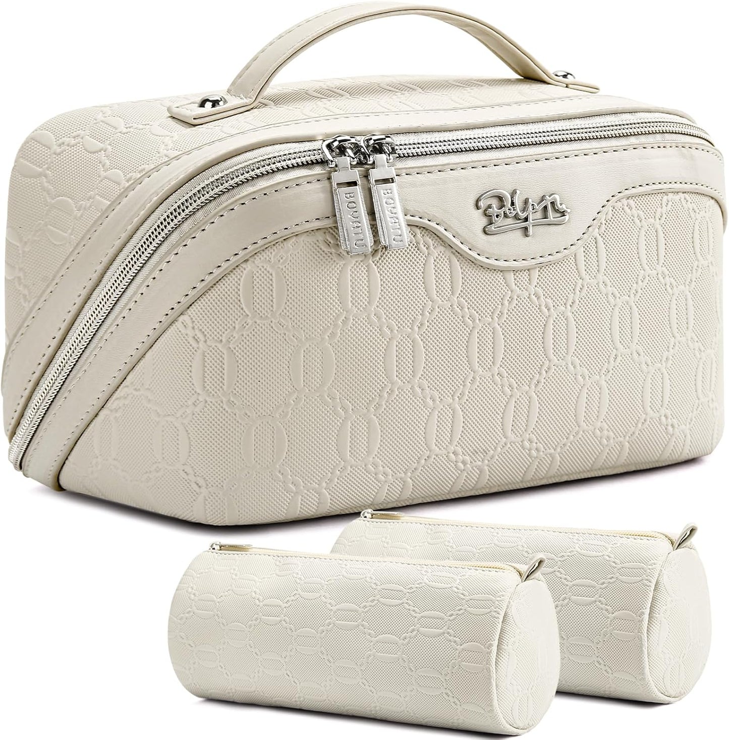 Travel Makeup Bag Set - Large Vegan Leather Cosmetic Organizer with Handle | 3 Pcs Portable Toiletry Bags in Coffee