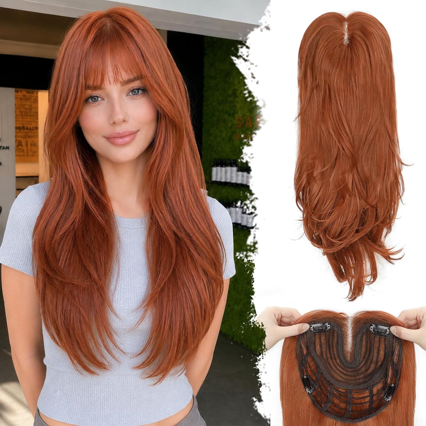 Hair Toppers for Women - 26-Inch 3D 360° Coverage Black Brown Long Straight Clip-In Synthetic Hair with Bangs