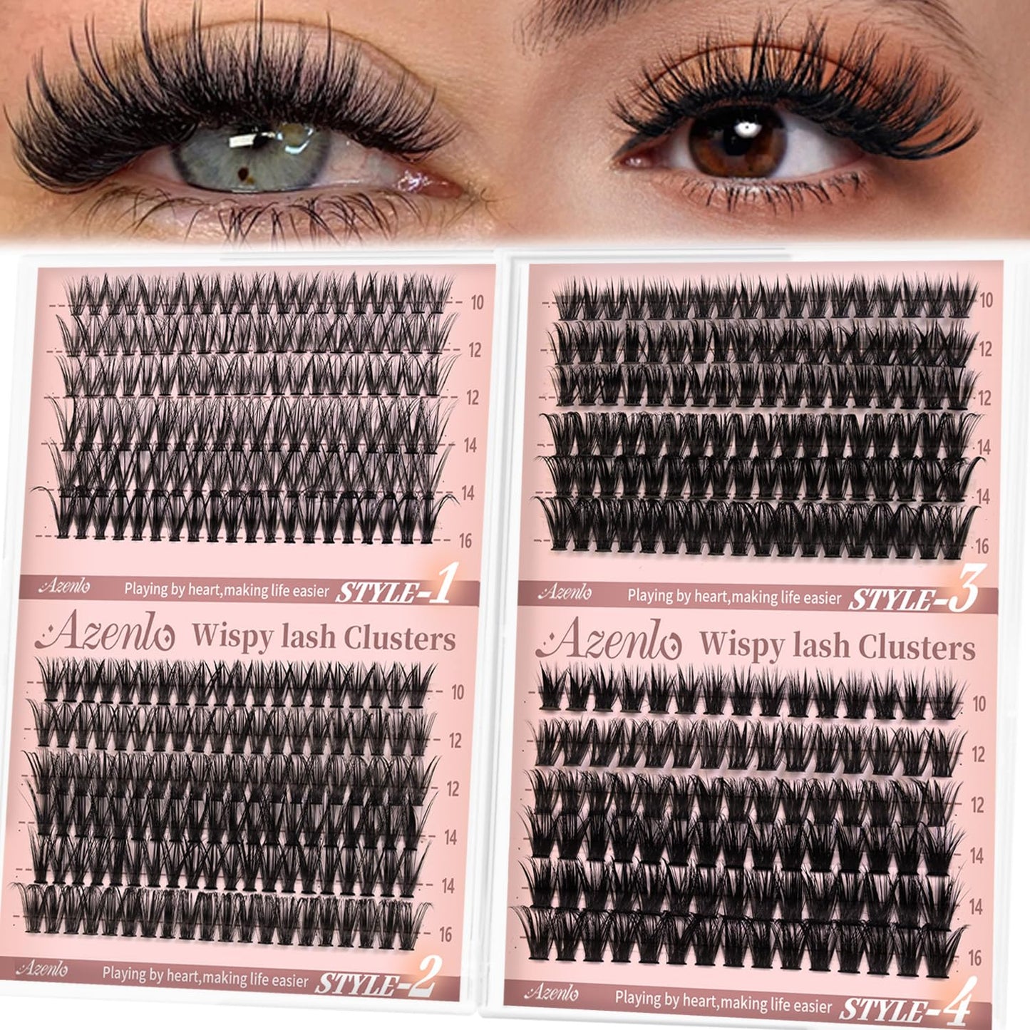 Azenlo Wispy Lash Clusters 30D+40D+60D+80D- 4 Styles 10-16mm DIY Eyelash Extensions, Natural Look Lightweight, Beginner Friendly Reusable 456pcs Individual Lashes for Everyday & Party Use