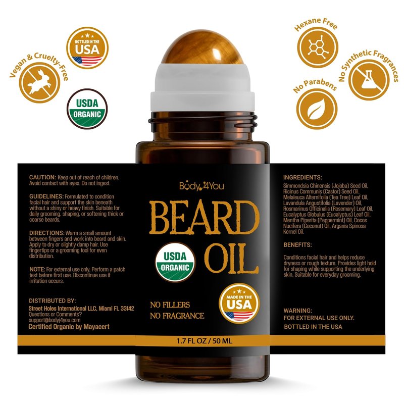 Organic Beard Oil for Men Roll On Beard Growth Oil Mens Conditioner - 9 Premium 100% Pure USDA Oils Jojoba Castor Argan - Mustache Natural Scent Vegan Shave Balm - Tiger Eye Stone Roller Bottle 1.7oz