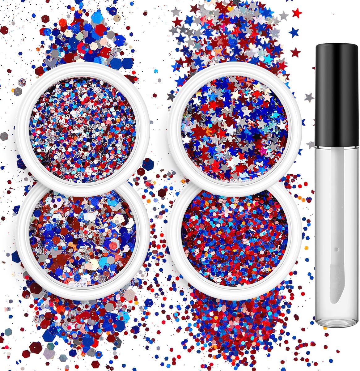 Patriotic Body Glitter Set - Red, White & Blue USA Flag Face Glitter with Glue | 4 Holographic Jars for 4th of July Outfits