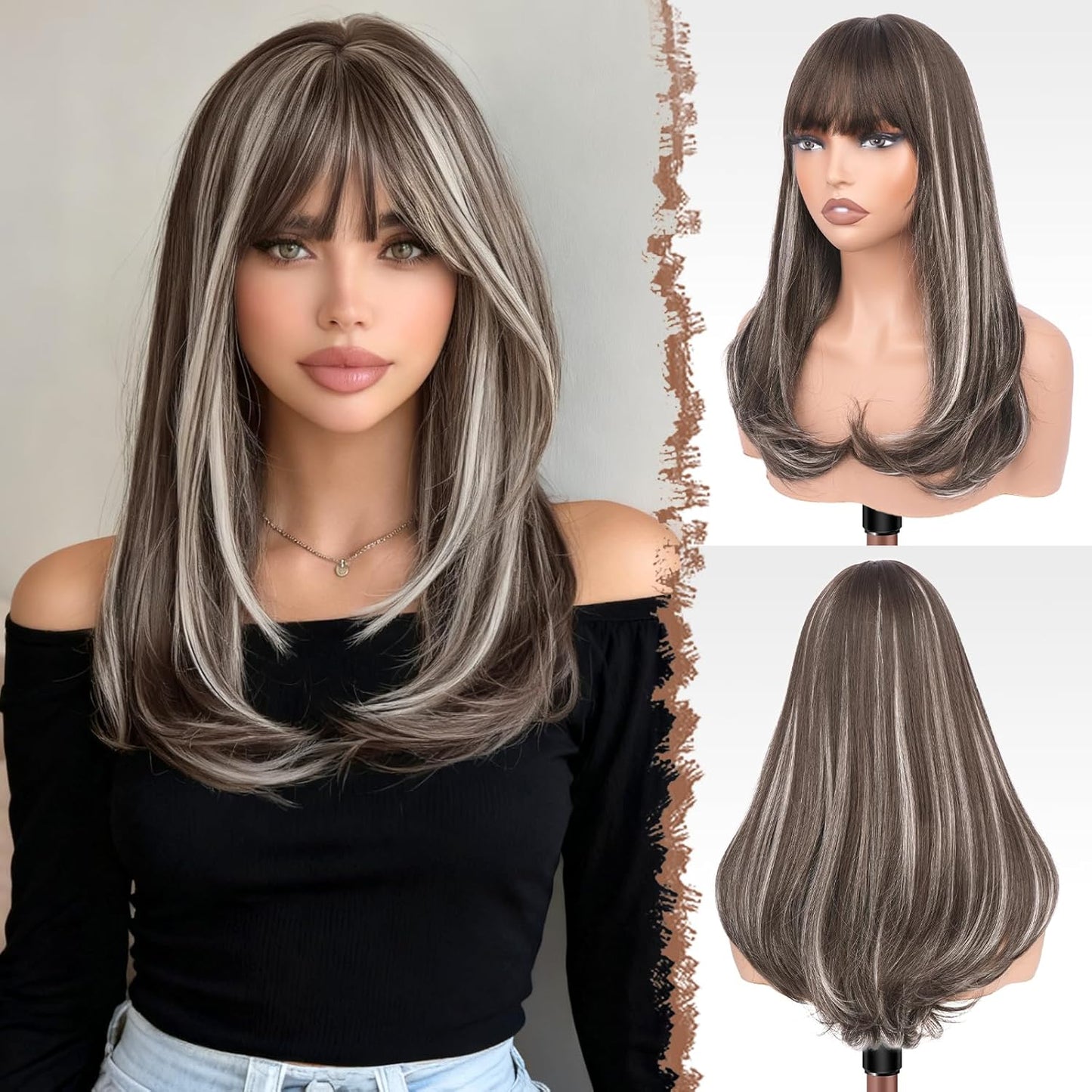 Long Wigs with Bangs - Synthetic Layered Straight Hair Wig for Women | 18 Inch Brown Mixed Grey Highlights