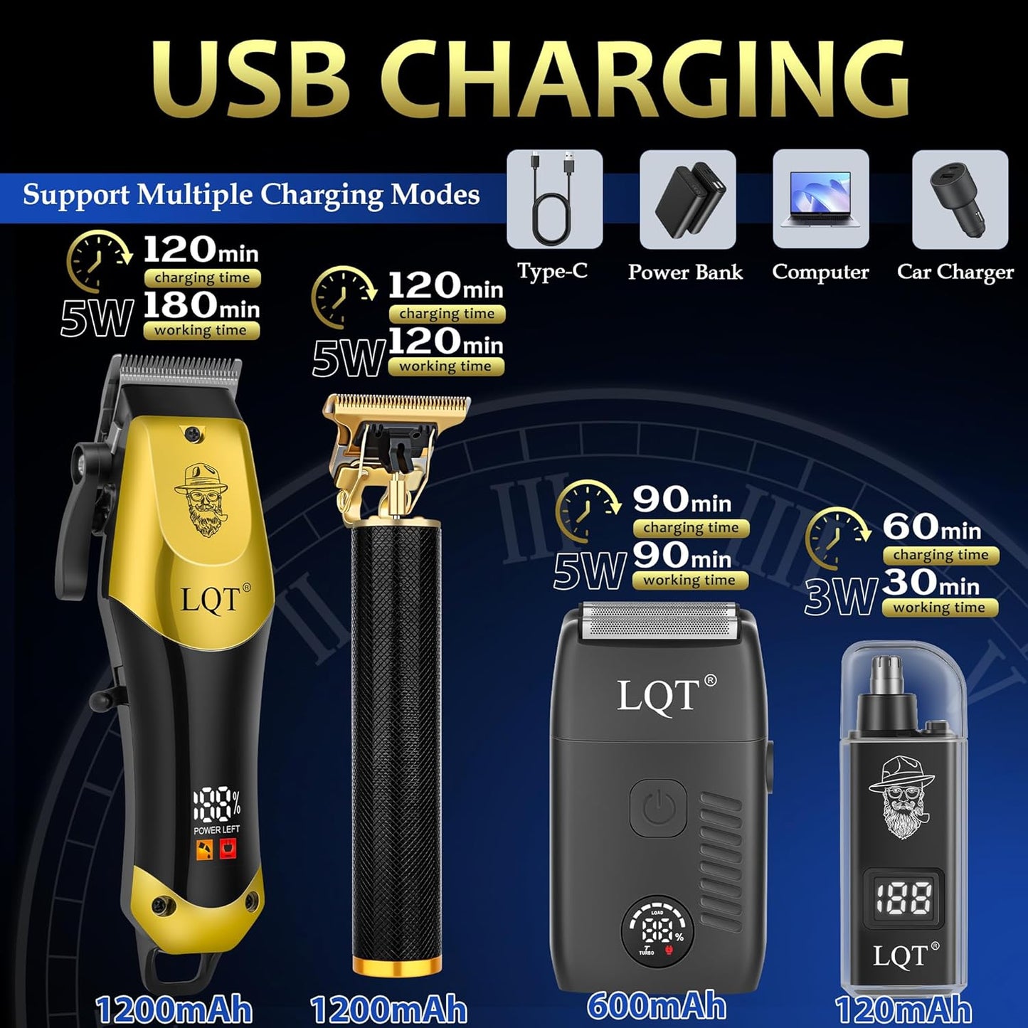 Hair Clippers for Men - Cordless Grooming Kit with LED Display | 4-Piece Rechargeable Set for Home Use (Black Gold)