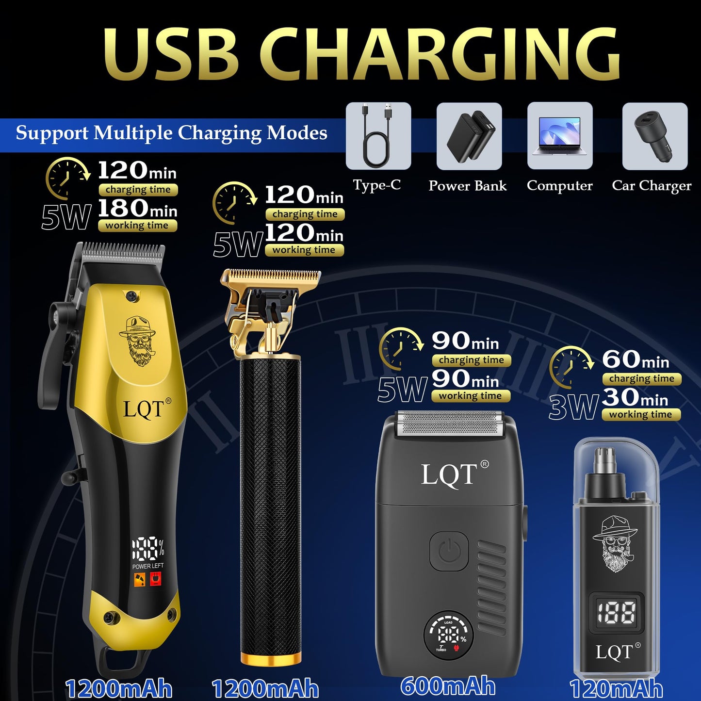 Hair Clippers for Men, with LED Display 4-Piece Cordless Grooming Kit with Hair Clipper, Beard Trimmer, Foil Shaver & Nose Trimmer, Complete Rechargeable Set for Home Barber Use (Black Gold)