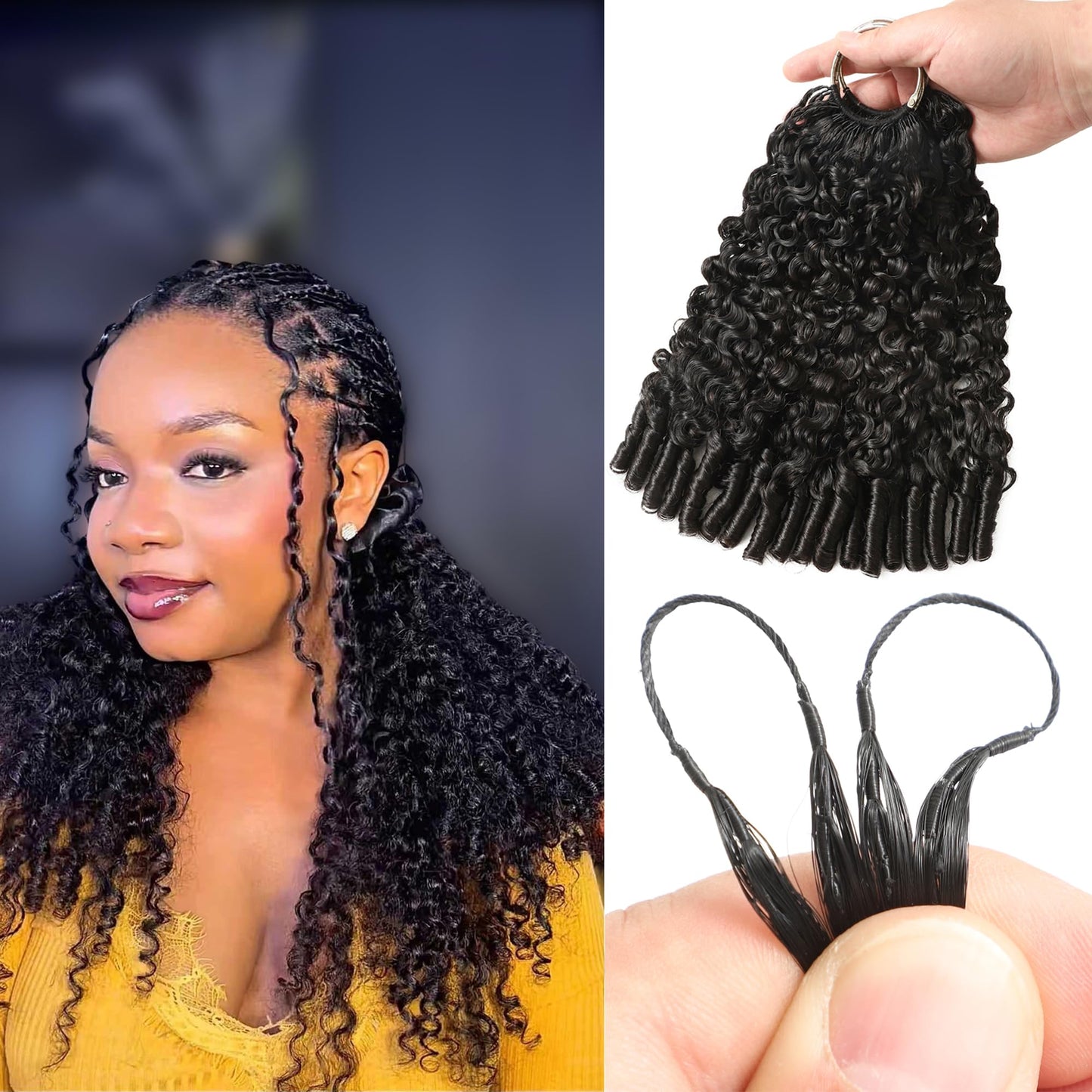 Burmese Curly Crochet Human Hair Designed for Miracle Knots Braids 16 Inch 150g Pre-Separated Crochet Hair Bundles Deep Curly Feather Invisible Crochet Hair Extensions Natural Black