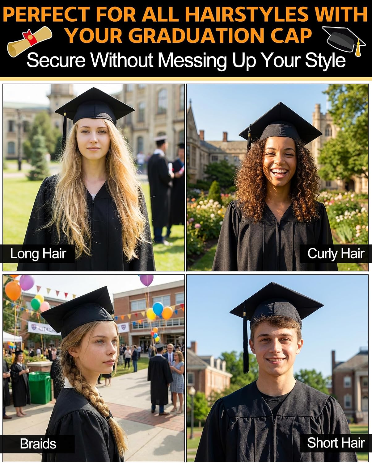 Black Graduation Caps for Long Hair - No Slip Design with Built-in Hair Secure Clips | 8 Pcs for 2026 Graduates