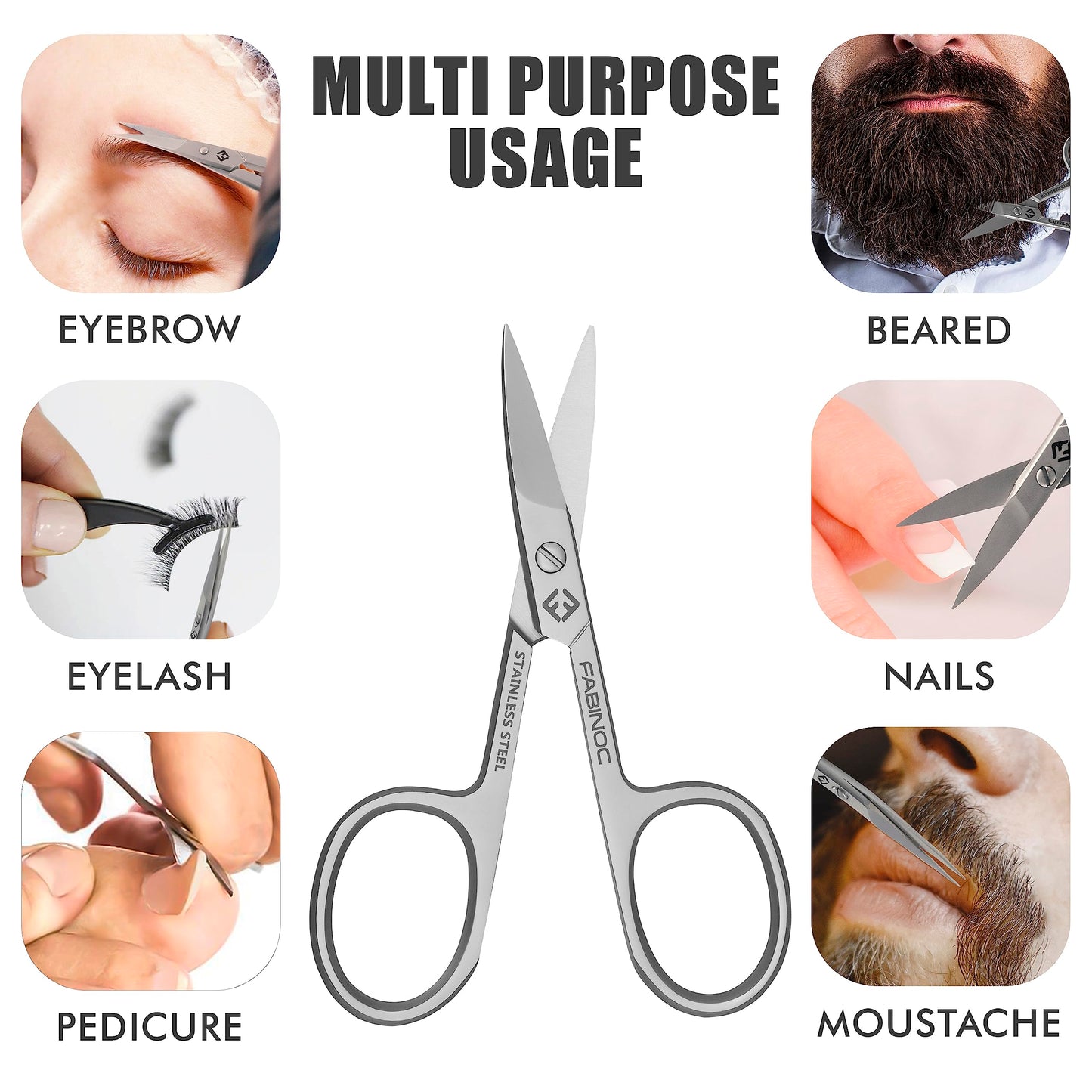 FABINOC Curved Nail Scissors for Women & Men – German Quality Stainless Steel – Small Manicure Pedicure Scissors for Fingernail, Toe Nail, Eyebrows & Mustache