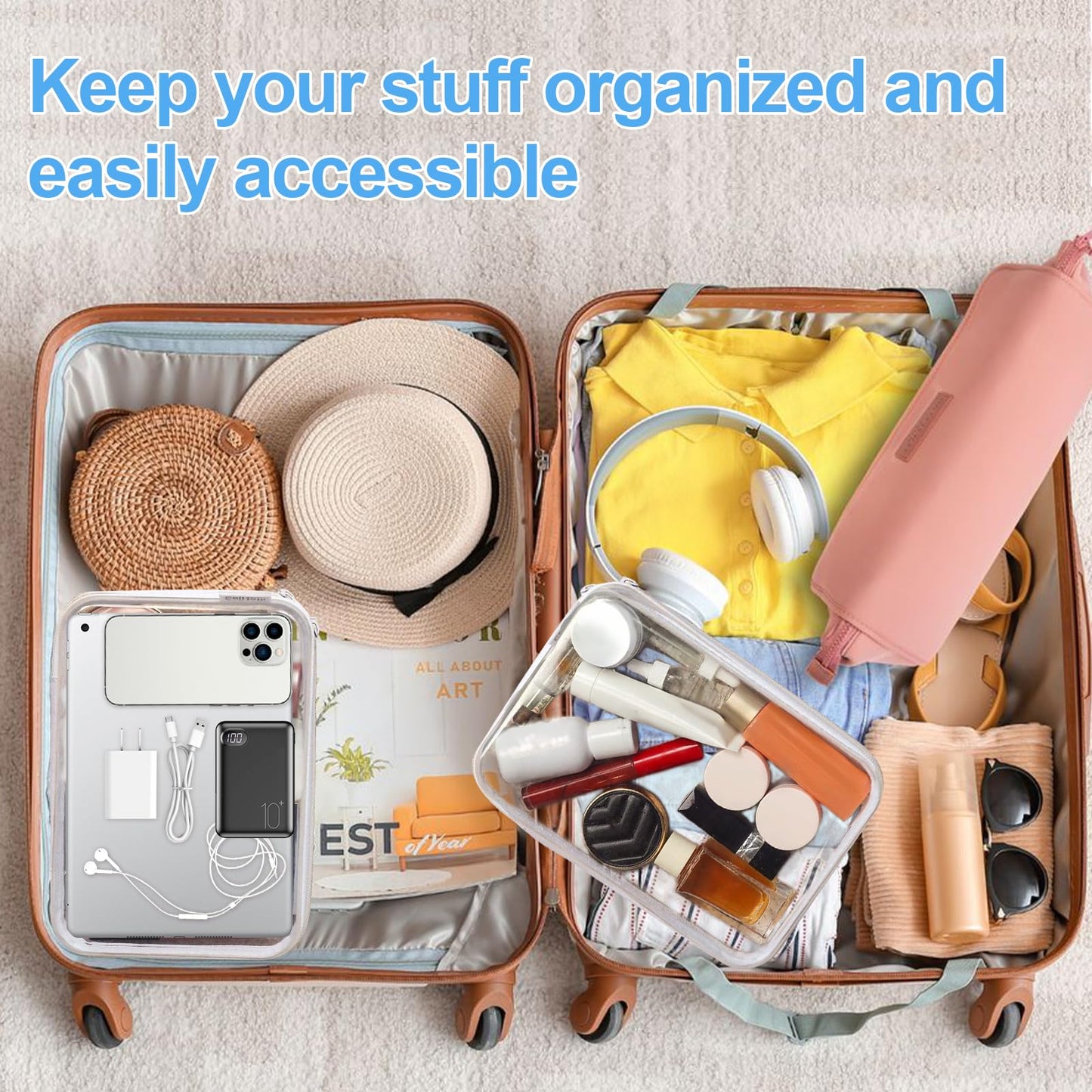 FHUIEWRY 4 Pcs Clear Hard Shell Zipper Case, Clear Zipper Pouches Makeup Box Hard Plastic Travel Toiletry & Cosmetic Bag Portable Travel Organizer Bins for Snacks, Blocks, Puzzles(2S+2M)
