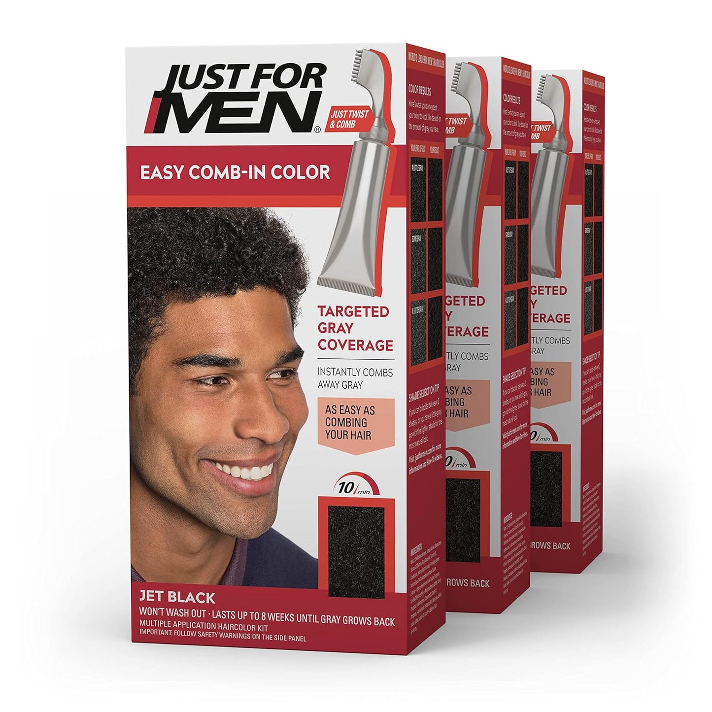 Just For Men Easy Comb-In Color Hair Dye - Darkest Brown, No Mix Applicator, Pack of 3