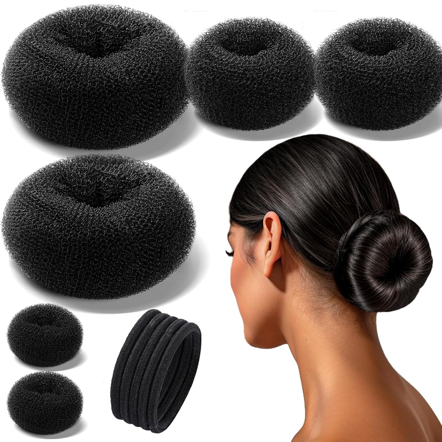 Donut Hair Bun Maker Set - Hair Bun Shaper with 3 Sizes & 5 Elastic Bands | Dark Brown Hair Accessories for Girls
