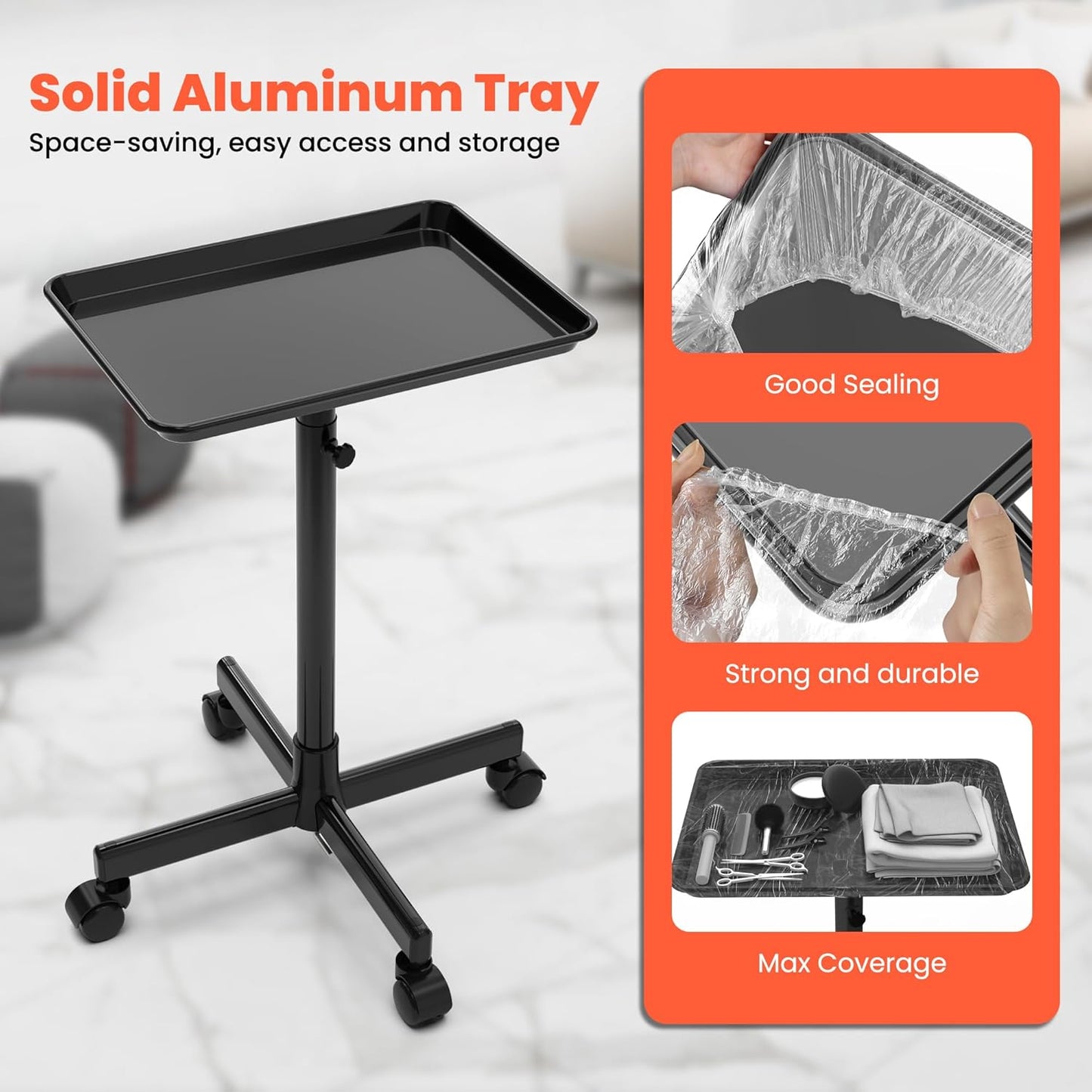 Adjustable Height Rolling Salon Tray - Mobile Storage Trolley with 2 Magnetic Bowls & 10 Disposable Covers | 24-36 Inch, Black