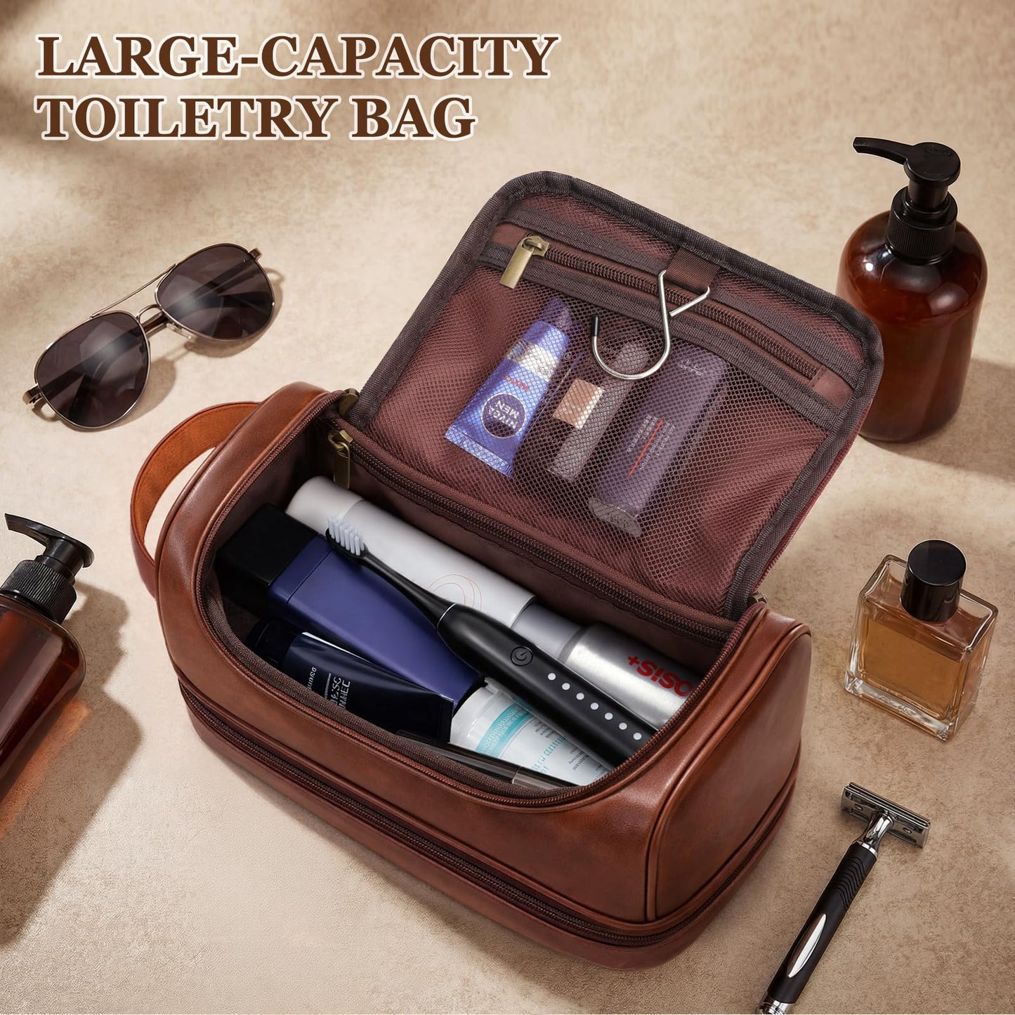 Personalized Men’s Travel Toiletry Bag with Hook, Engraved Initials PU Leather Water-resistant Shaving Bag for Bathroom Shower, Unique Anniversary & Birthday Gifts for Men, Dad, Husband, Son,A