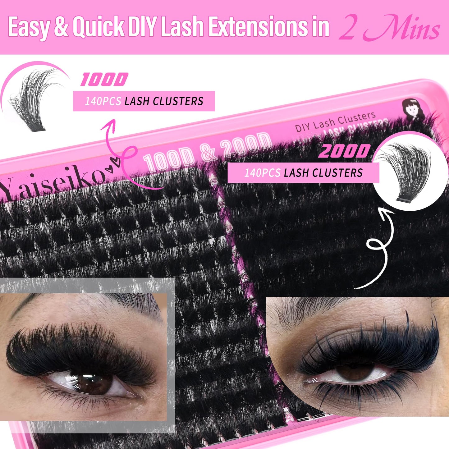 Volume Lash Clusters 100D+200D Mega Lashes Clusters 12-25mm Wispy Individual Lashes Cluster Eyelash Extensions DIY Lash Extension Replacement for Yaiseiko(280Pcs)