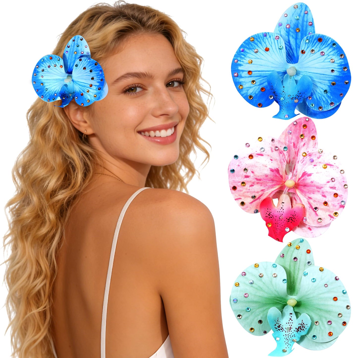 Mesovor 3 Pack Hawaiian Flower Hair Clips, Artificial Tropical Flower Orchid Hair Pin | Rhinestone Hairpins Hair Accessories for Wedding Bridal Beach Party (Blue Moth Orchid)