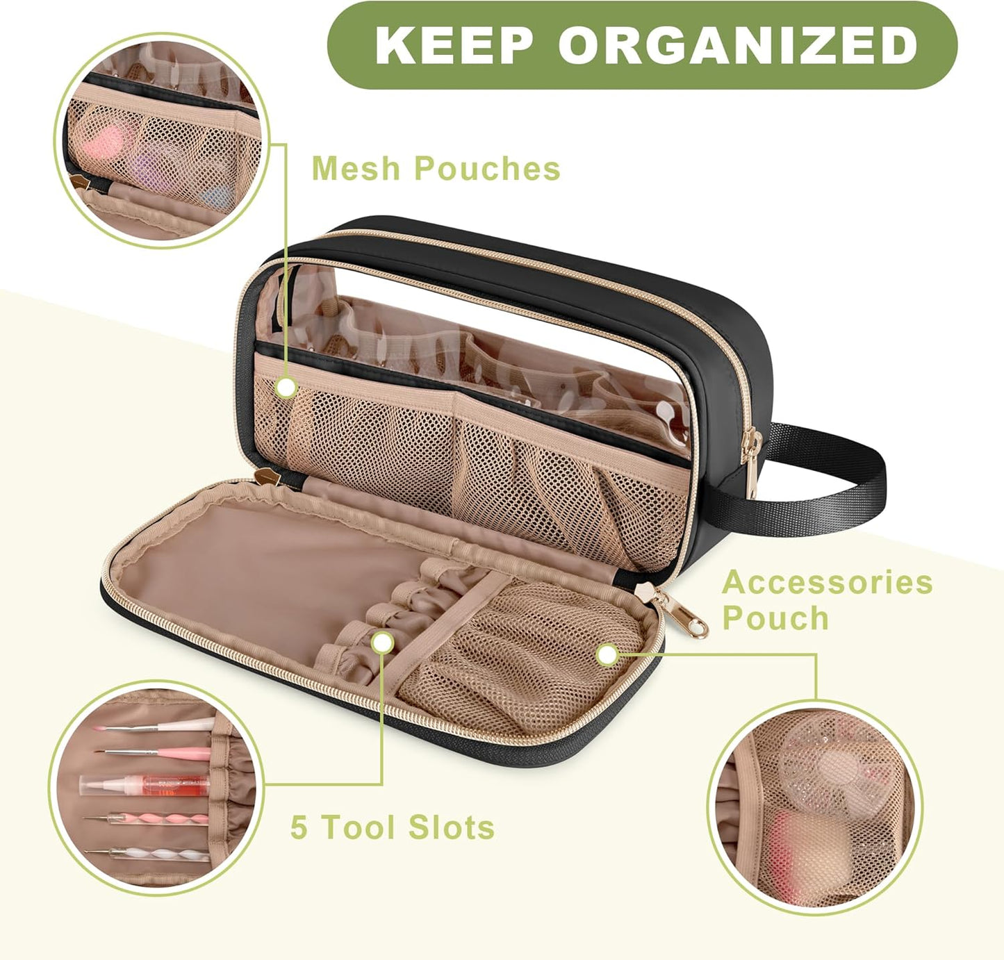 Nail Polish Organizer Case - Holds 12 Bottles (15ml) | Clear Window Storage Bag in Black