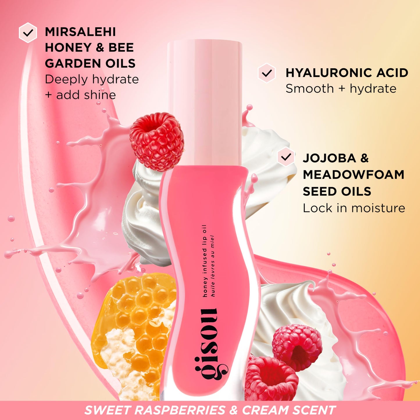 Gisou Honey Infused Lip Oils Gloss Hour Edition – Hydrating & Non-Sticky Lip Gloss Set with Raspberry Swirl, Bee-llini Peach & Glazed Plum