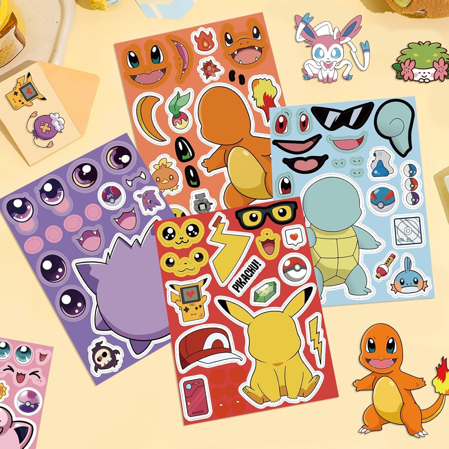 Pokémon Stickers - Cute Cartoon Monster Characters for DIY Projects | Kawaii Make-a-Face Party Favors (24 Sheets)