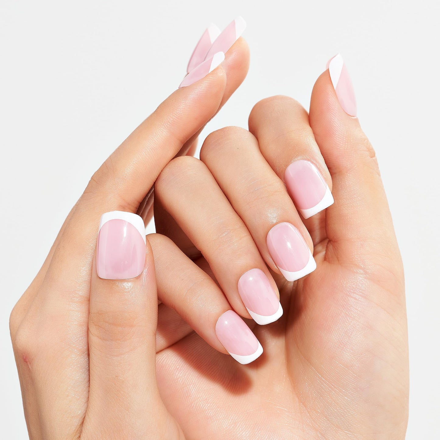 GLAMERMAID Classic French Tip Press on Nails Short, Pink Fake Nails Sqaure